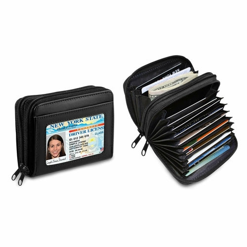 RFID Genuine Leather Credit Card Wallet for Women & Men w/ ID Display Window