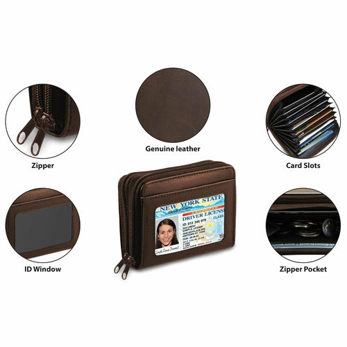 RFID Genuine Leather Credit Card Wallet for Women & Men w/ ID Display Window